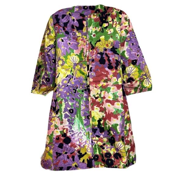 Elie Tahari floral jacket coat multicolor yellow purple snap front duster M C14 - Picture 3 of 13